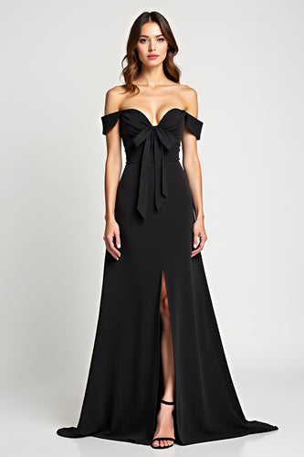 Black A Line Bow Off the Shoulder Long Formal Dress with Slit