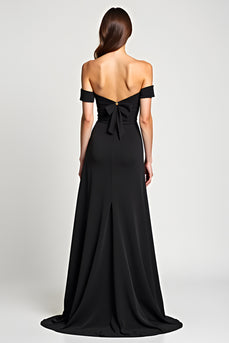 Black A Line Bow Off the Shoulder Long Formal Dress with Slit