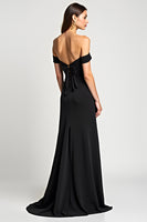 Load image into Gallery viewer, Black A Line Bow Off the Shoulder Long Formal Dress with Slit