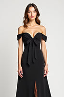 Load image into Gallery viewer, Black A Line Bow Off the Shoulder Long Formal Dress with Slit