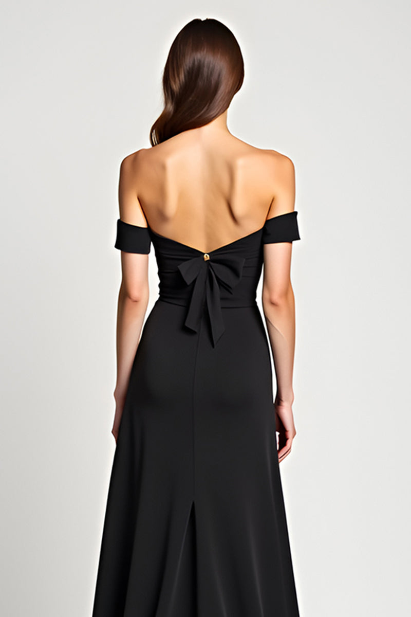 Load image into Gallery viewer, Black A Line Bow Off the Shoulder Long Formal Dress with Slit