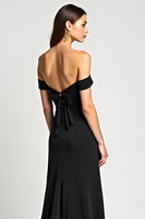 Load image into Gallery viewer, Black A Line Bow Off the Shoulder Long Formal Dress with Slit