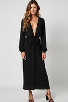 Load image into Gallery viewer, Black Deep V-Neck Long Black Tie Dress with Long Sleeves