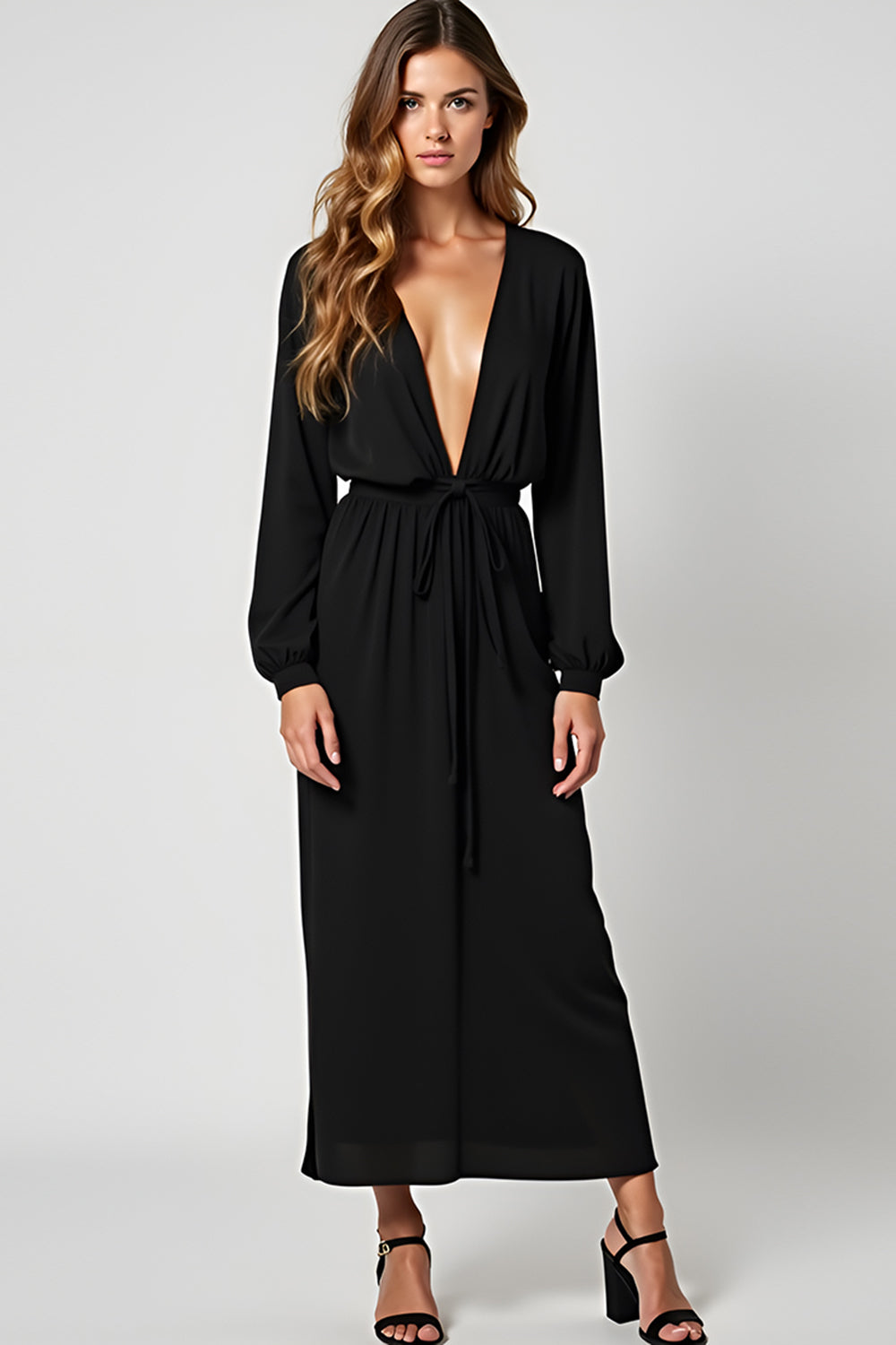 Black Deep V-Neck Long Black Tie Dress with Long Sleeves