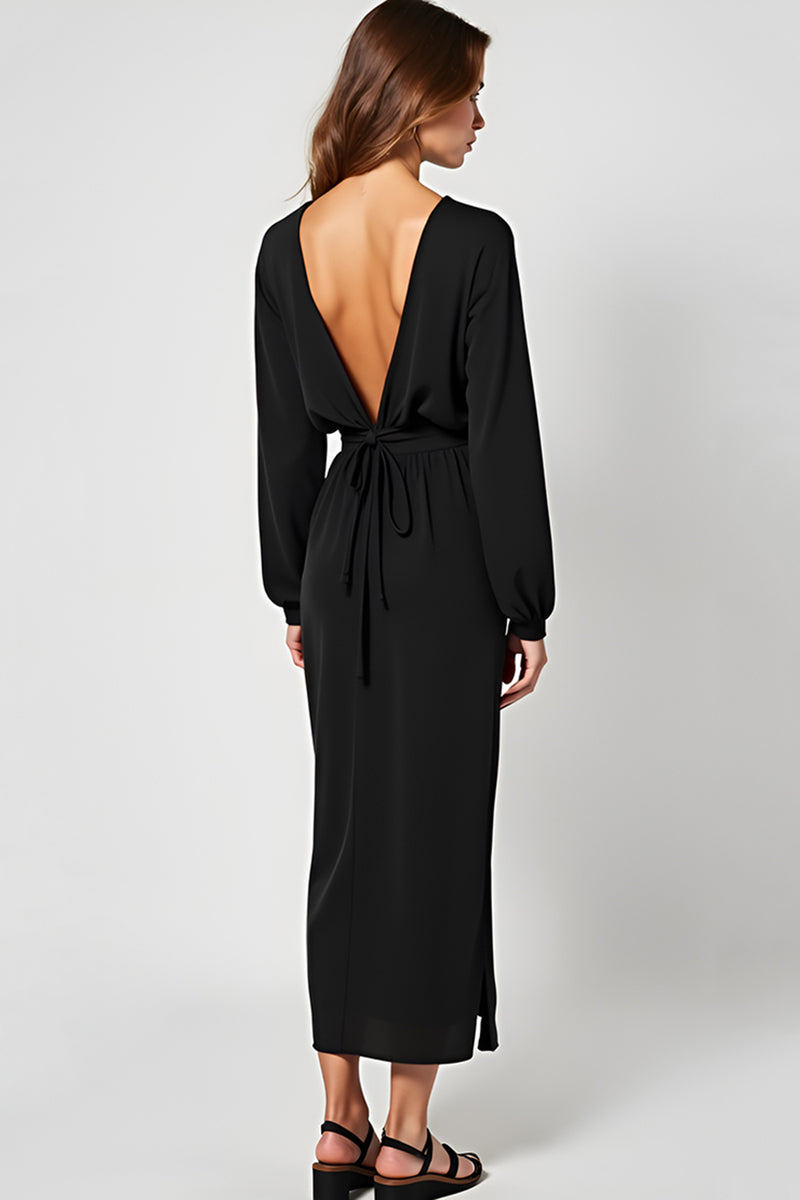 Load image into Gallery viewer, Black Deep V-Neck Long Black Tie Dress with Long Sleeves