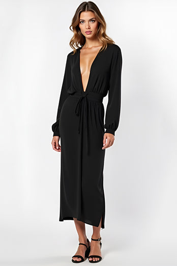 Black Deep V-Neck Long Black Tie Dress with Long Sleeves