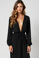 Load image into Gallery viewer, Black Deep V-Neck Long Black Tie Dress with Long Sleeves