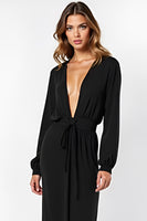 Load image into Gallery viewer, Black Deep V-Neck Long Black Tie Dress with Long Sleeves