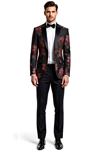 Black Flower Notch Lapel One Button 2 Piece Prom Suits