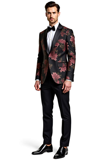 Black Flower Notch Lapel One Button 2 Piece Prom Suits