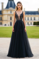 Load image into Gallery viewer, Black A Line V-Neck Long Prom Dress with Lace