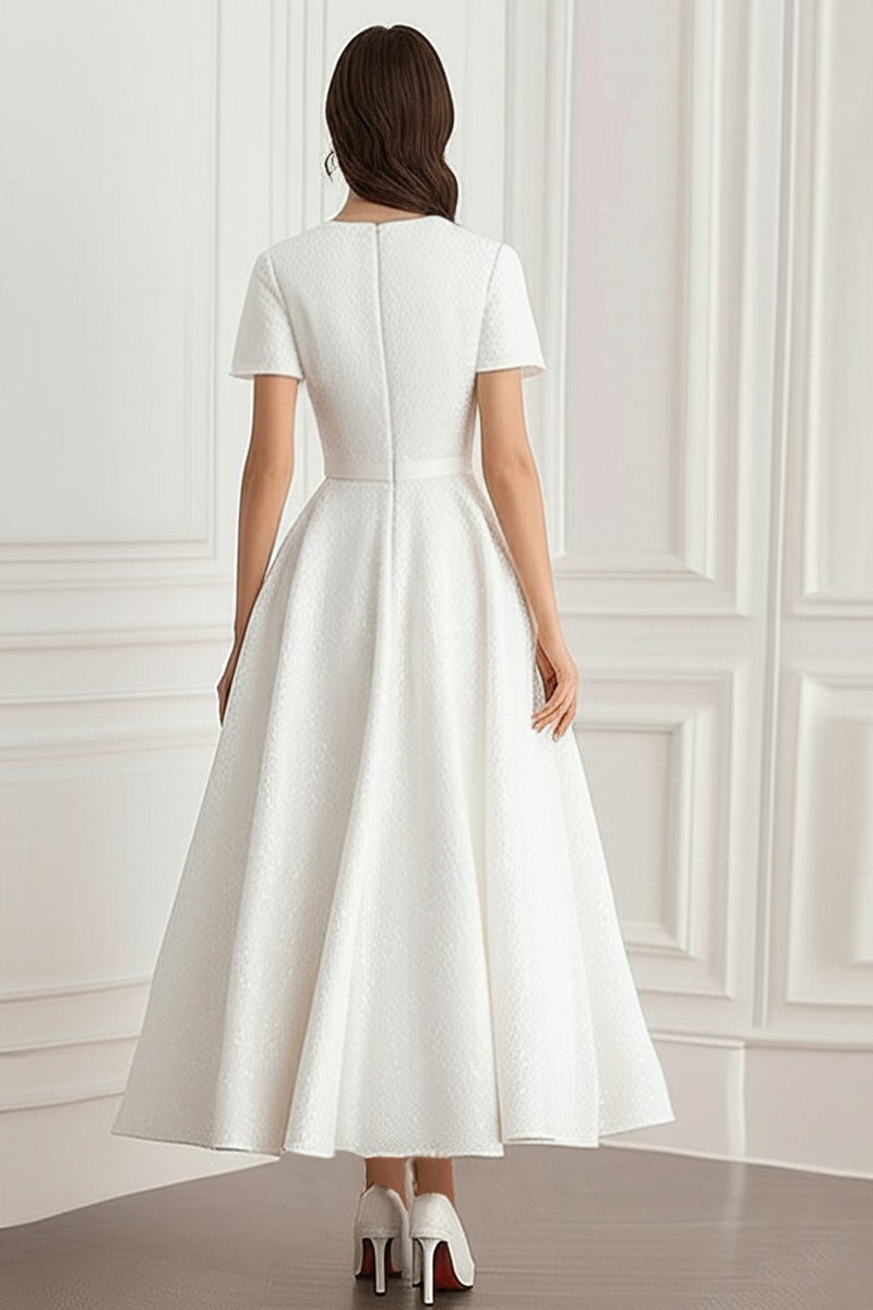 Load image into Gallery viewer, Ivory Scoop A Line Formal Dress with Short Sleeves