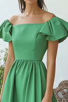Load image into Gallery viewer, Green Off the Shoulder Satin A Line Formal Dress