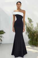 Load image into Gallery viewer, Black White One Shoulder Satin Long Formal Dress