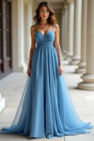 Load image into Gallery viewer, Blue Ruched A Line Long Prom Dress