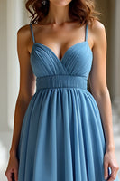 Load image into Gallery viewer, Blue Ruched A Line Long Prom Dress