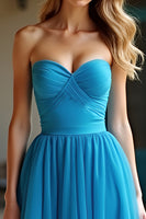 Load image into Gallery viewer, Ruched Blue A Line Strapless Long Prom Dress