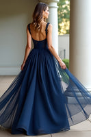 Load image into Gallery viewer, Navy Tulle Spaghetti Straps A Line Long Prom Dress