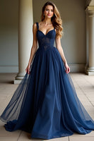 Load image into Gallery viewer, Navy Tulle Spaghetti Straps A Line Long Prom Dress
