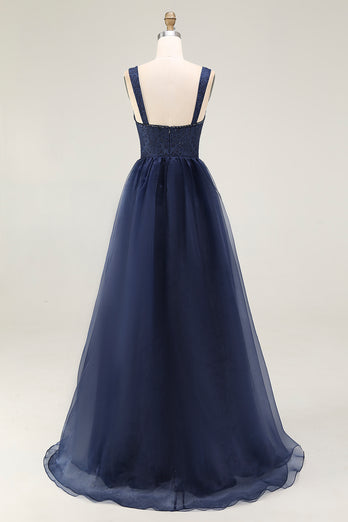 Navy A Line Tulle Spaghetti Straps Long Prom Dress