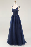 Load image into Gallery viewer, Navy A Line Tulle Spaghetti Straps Long Prom Dress