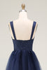 Load image into Gallery viewer, Navy A Line Tulle Spaghetti Straps Long Prom Dress