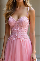 Load image into Gallery viewer, Pink A Line Spaghetti Straps Long Tulle Prom Dress with Lace