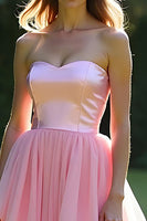 Load image into Gallery viewer, A Line Pink Strapless Tiered Long Tulle Prom Dress