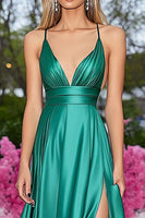 Load image into Gallery viewer, Green A Line Deep V-Neck  Long Satin Prom Dress with Slit