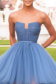 Grey Blue Tiered Strapless High-Low Long Tulle Prom Dress