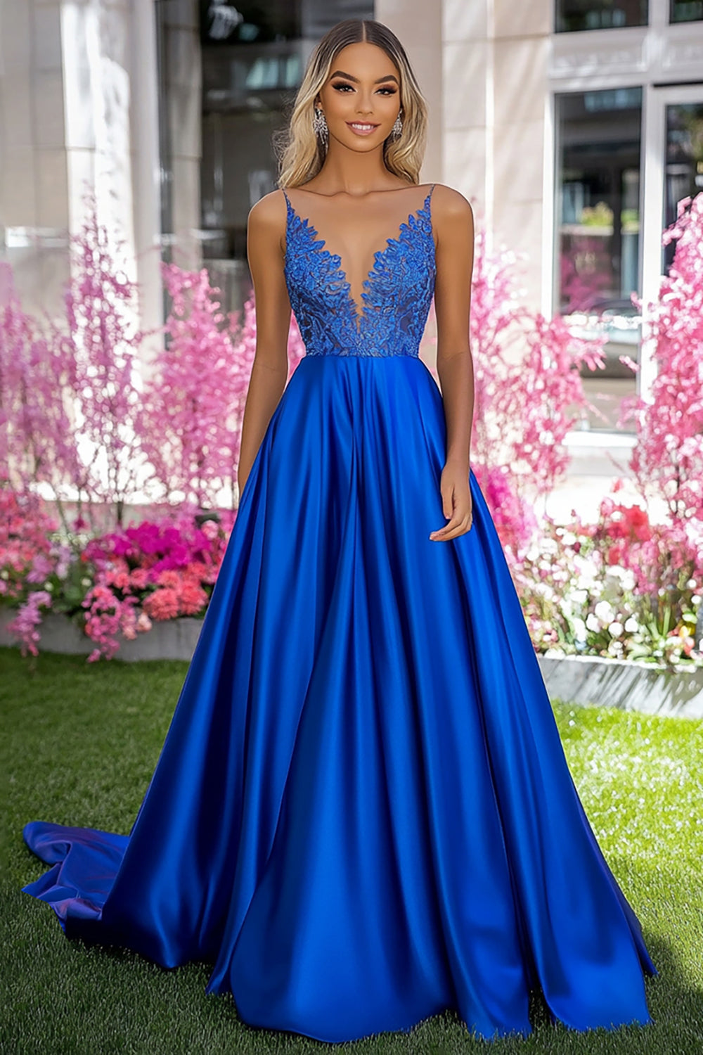 Queendancer Women Royal Blue A Line V-Neck Long Prom Dress with