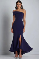 Load image into Gallery viewer, Satin Off the Shoulder Navy Sheath  Long Formal Dress with Slit