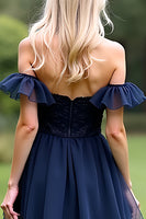 Load image into Gallery viewer, A Line Tulle Navy Sweetheart Off the Shoulder Formal Dress