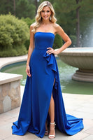 Load image into Gallery viewer, A Line Strapless Royal Blue Long Ruffled Formal Dress with Slit