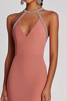 Load image into Gallery viewer, Halter Pink Neck Sheath Long Formal Dress with Beading