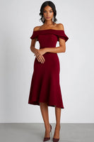 Load image into Gallery viewer, Queendancer Women Burgundy Satin Midi Formal Dress Off the Shoulder Sheath Knee-Length Party Dress