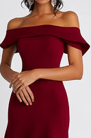 Load image into Gallery viewer, Burgundy Satin Sheath Off the Shoulder Midi Formal Dress
