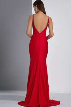 Red Mermaid Deep V-Neck Long Formal Dress with Beading