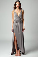 Load image into Gallery viewer, Grey Sheath Spaghetti Straps Long Formal Dress with Slit