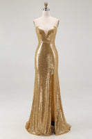 Load image into Gallery viewer, Sparkly Strapless Gold Mermaid Long Sequins Formal Dress with Slit
