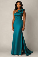 Load image into Gallery viewer, Peacock One Shoulder Satin Long Formal Dress with Bowknot