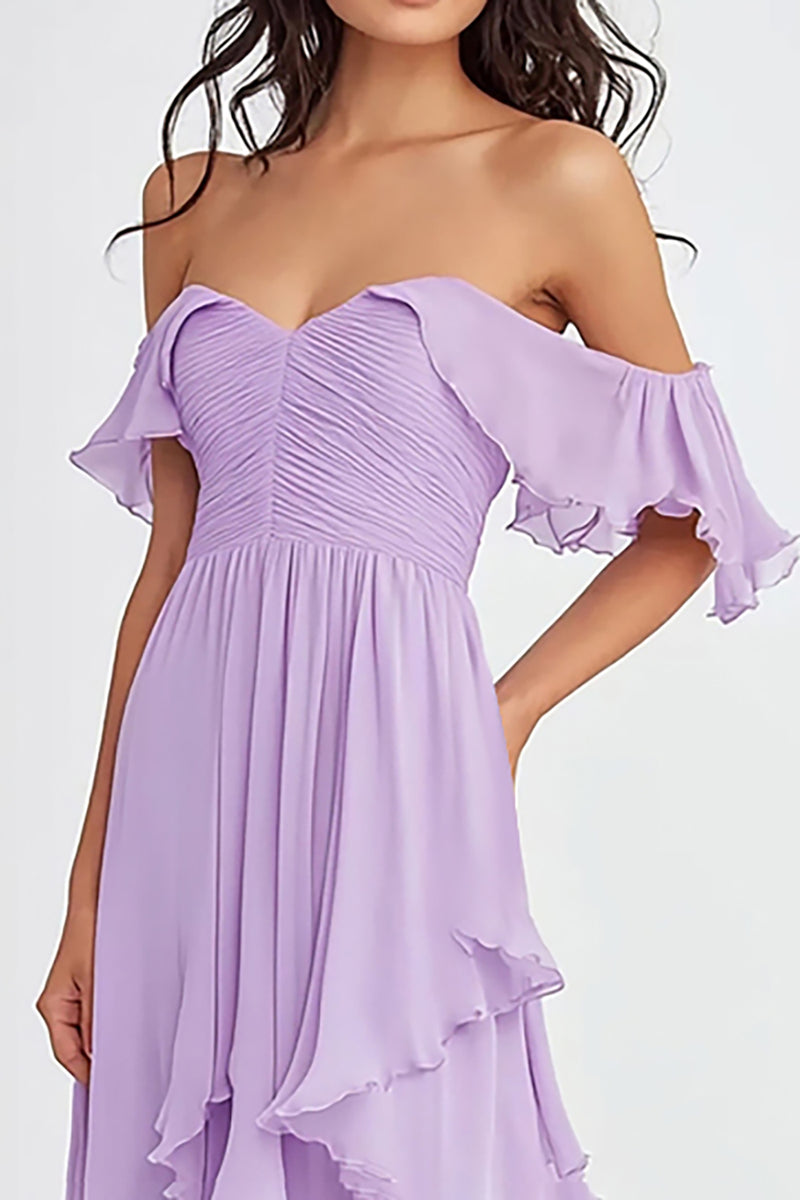 Load image into Gallery viewer, Lilac Off the Shoulder Ruffled Long Formal Dress