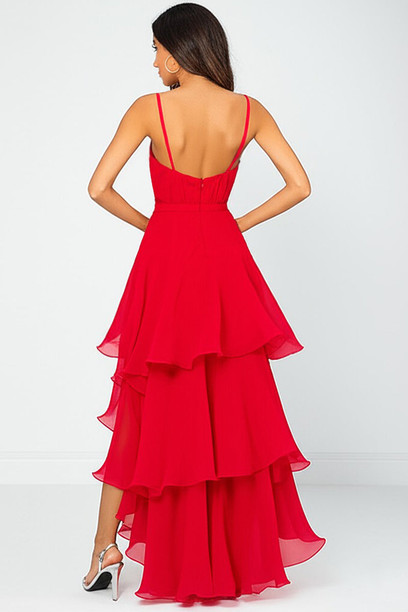 Load image into Gallery viewer, Red A Line V-Neck Pleated Long Chiffon Formal Dress