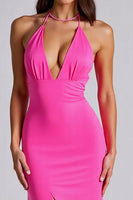 Load image into Gallery viewer, Fuchsia Mermaid V-Neck Satin Long Formal Dress with Slit
