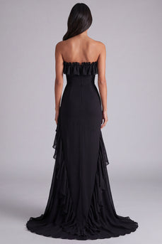 Strapless Black Tiered Long Chiffon Formal Dress with Slit