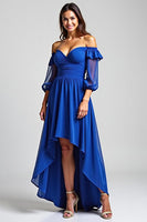 Load image into Gallery viewer, Royal Blue Off the Shoulder High-Low Formal Dress with Half Sleeves