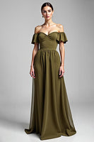 Load image into Gallery viewer, A Line Olive Chiffon Long Formal Dress with Ruffles
