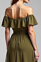 Load image into Gallery viewer, A Line Olive Chiffon Long Formal Dress with Ruffles