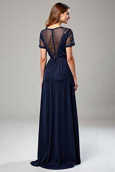 Deep V-Neck Navy Chiffon Long Formal Dress