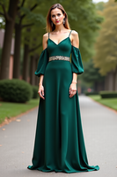 Load image into Gallery viewer, Dark Green Cold Shoulder Satin Long Formal Dress